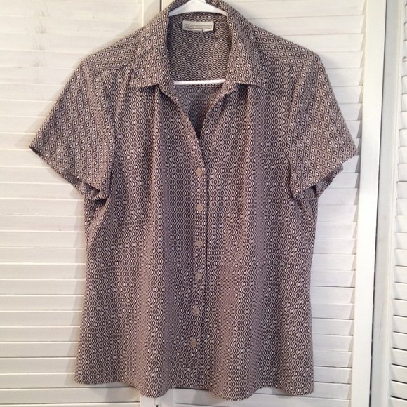 Silky Blouse Short Sleeved Peplum Button Down Career Tan Black Dana Buchman M - Picture 1 of 5